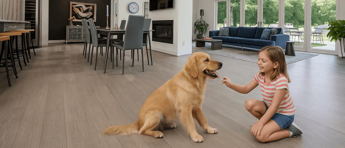 Child and dog playing on Ambient flooring in a beautiful home