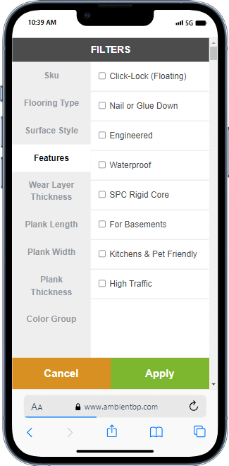 filters menu in mobile